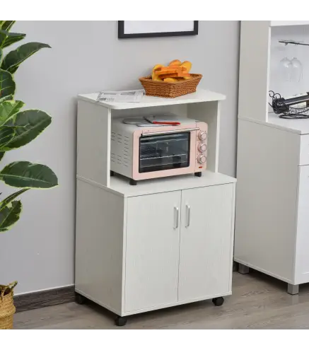 Aparador Auxiliar para Microondas Armario Bajo de Cocina con Armario de 2 Puertas y Estante Ajustable con Ruedas Carga 70 kg 60,