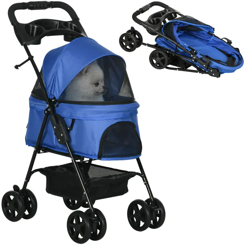 Carrito para Perros Pequeños con Ruedas Universales Cesta de Almacenaje Correas de Seguridad y Ventanas 67x45x96 cm Azul