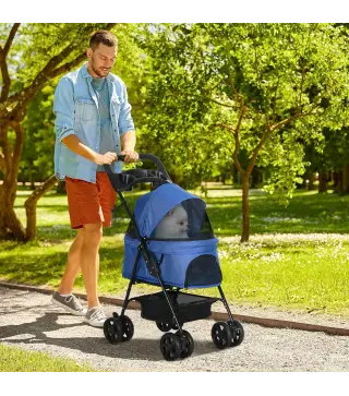 Carrito para Perros Pequeños con Ruedas Universales Cesta de Almacenaje Correas de Seguridad y Ventanas 67x45x96 cm Azul