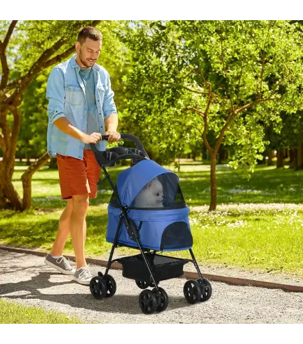 Carrito para Perros Pequeños con Ruedas Universales Cesta de Almacenaje Correas de Seguridad y Ventanas 67x45x96 cm Azul