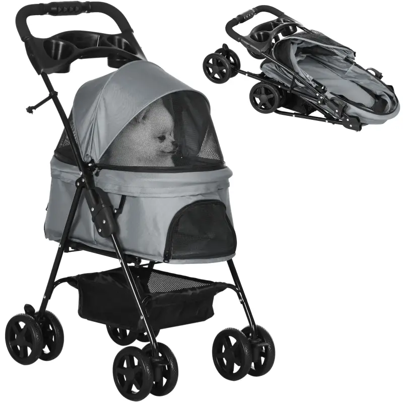 Carrito para Perros Pequeños con Ruedas Universales Cesta de Almacenaje Correas de Seguridad y Ventanas 67x45x96 cm Gris