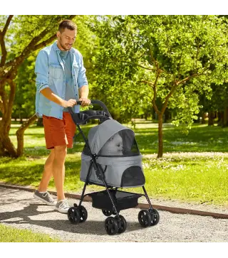 Carrito para Perros Pequeños con Ruedas Universales Cesta de Almacenaje Correas de Seguridad y Ventanas 67x45x96 cm Gris