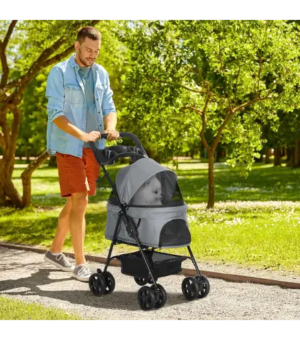Carrito para Perros Pequeños con Ruedas Universales Cesta de Almacenaje Correas de Seguridad y Ventanas 67x45x96 cm Gris
