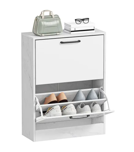 Zapatero Estrecho 2 Puertas de Alto Brillo Estantes Ajustables Diseño Mármol para 8 Pares de Zapatos 60x24x80 cm Blanco