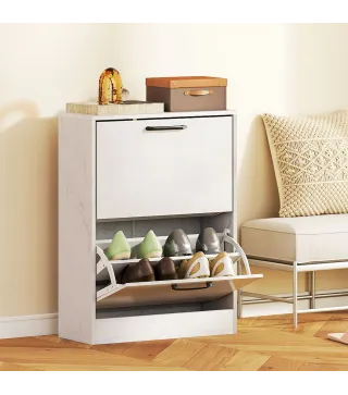 Zapatero Estrecho 2 Puertas de Alto Brillo Estantes Ajustables Diseño Mármol para 8 Pares de Zapatos 60x24x80 cm Blanco