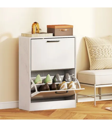 Zapatero Estrecho 2 Puertas de Alto Brillo Estantes Ajustables Diseño Mármol para 8 Pares de Zapatos 60x24x80 cm Blanco