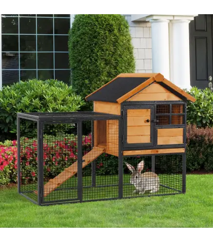 Conejera de Exterior Jaula para Mascotas Pequeñas 2 Niveles con Rampa Bandeja Extraíble de Madera y Metal 122x63x92 cm para Cone