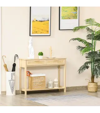 Mesa Consola Mesa de Entrada con 2 Cajones de la Superficie de Ratán y Estante Inferior para Pasillo Salón Dormitorio de Estilo