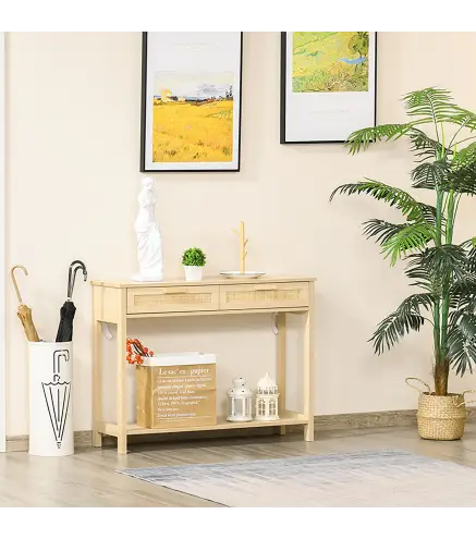 Mesa Consola Mesa de Entrada con 2 Cajones de la Superficie de Ratán y Estante Inferior para Pasillo Salón Dormitorio de Estilo