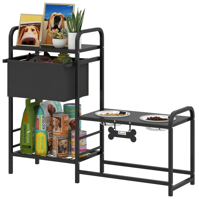 Comedero Perro Elevado con Cajón de Tela 2 Cuencos de Acero Inoxidable 2x800 ml Altura Ajustable 2 Estantes Negro