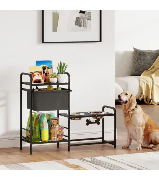 Comedero Perro Elevado con Cajón de Tela 2 Cuencos de Acero Inoxidable 2x800 ml Altura Ajustable 2 Estantes Negro