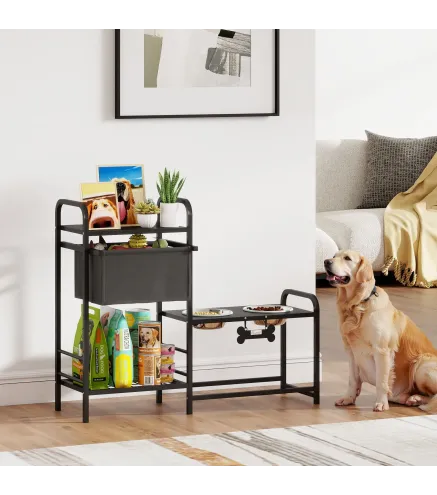 Comedero Perro Elevado con Cajón de Tela 2 Cuencos de Acero Inoxidable 2x800 ml Altura Ajustable 2 Estantes Negro