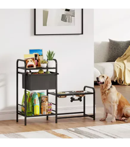 Comedero Perro Elevado con Cajón de Tela 2 Cuencos de Acero Inoxidable 2x800 ml Altura Ajustable 2 Estantes Negro