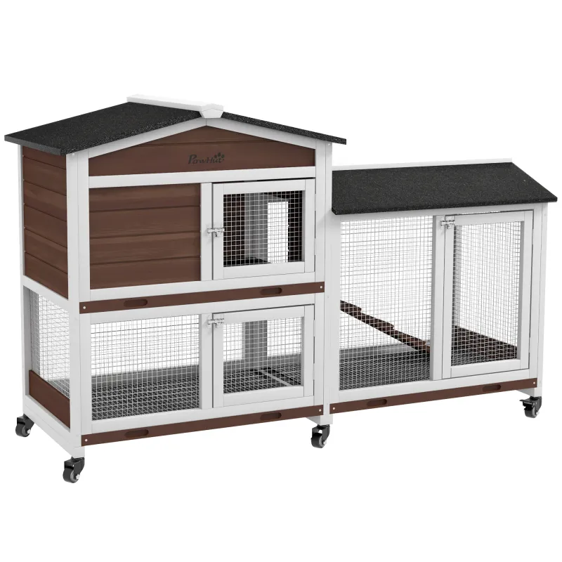 Conejera Exterior 157,4x53x99,5cm Jaula para Conejos Grande con Ruedas Techo Asfáltico Bandejas Extraíbles Rampa Marrón