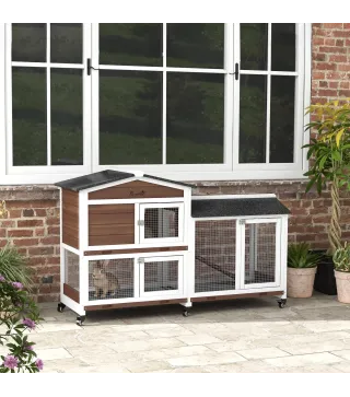 Conejera Exterior 157,4x53x99,5cm Jaula para Conejos Grande con Ruedas Techo Asfáltico Bandejas Extraíbles Rampa Marrón