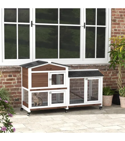 Conejera Exterior 157,4x53x99,5cm Jaula para Conejos Grande con Ruedas Techo Asfáltico Bandejas Extraíbles Rampa Marrón