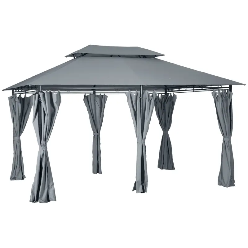 Gazebo de Exterior 3x4 m con Paredes Laterales Doble Techo 6 Puertas con Cremallera y 8 Orificios de Drenaje Gris