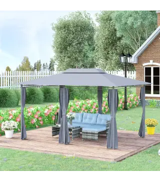Gazebo de Exterior 3x4 m con Paredes Laterales Doble Techo 6 Puertas con Cremallera y 8 Orificios de Drenaje Gris