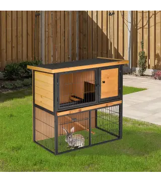 Conejera de Exterior de Madera Jaula para Mascotas Pequeñas 2 Niveles con Rampa Bandeja Extraíble Puertas con Cerraduras 89,5x45