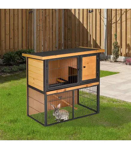 Conejera de Exterior de Madera Jaula para Mascotas Pequeñas 2 Niveles con Rampa Bandeja Extraíble Puertas con Cerraduras 89,5x45