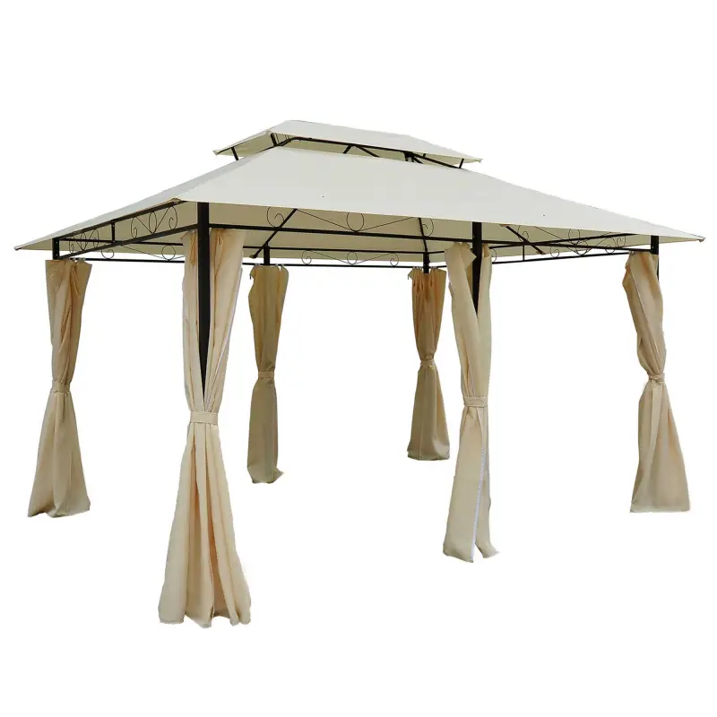 Gazebo de Exterior 3x4 m con Paredes Laterales Doble Techo 6 Puertas con Cremallera y 8 Orificios de Drenaje Crema
