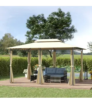 Gazebo de Exterior 3x4 m con Paredes Laterales Doble Techo 6 Puertas con Cremallera y 8 Orificios de Drenaje Crema