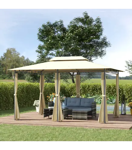 Gazebo de Exterior 3x4 m con Paredes Laterales Doble Techo 6 Puertas con Cremallera y 8 Orificios de Drenaje Crema