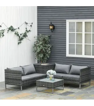 Conjunto de 4 Muebles de Jardín de Ratán con 2 Sofás Dobles Mesa Central Mesa con Arcón Cojines Extraíbles para Terraza Exterior