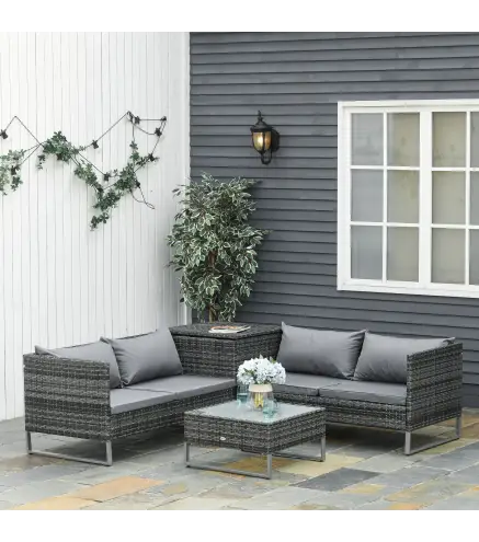 Conjunto de 4 Muebles de Jardín de Ratán con 2 Sofás Dobles Mesa Central Mesa con Arcón Cojines Extraíbles para Terraza Exterior