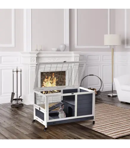 Jaula de Conejos Conejera para Mascotas Pequeñas con Techo Abrible y Bandeja Extraíble 90x53x59 cm Gris y Blanco