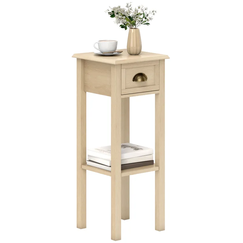 Mesa Auxiliar Rústica Mesa Auxiliar para Sofá con Cajón y Estante para Salón Dormitorio 30x30x75 cm Madera Natural