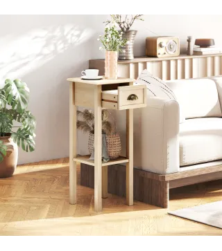 Mesa Auxiliar Rústica Mesa Auxiliar para Sofá con Cajón y Estante para Salón Dormitorio 30x30x75 cm Madera Natural