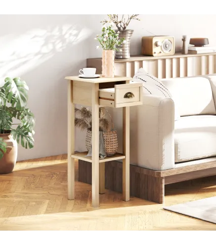 Mesa Auxiliar Rústica Mesa Auxiliar para Sofá con Cajón y Estante para Salón Dormitorio 30x30x75 cm Madera Natural