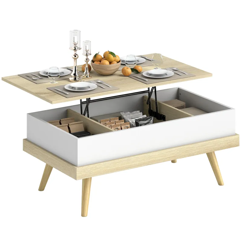 Mesa de Centro Elevable con 3 Compartimientos de Almacenaje Ocultos y Patas de Madera 100x79x54 cm Natural y Blanco