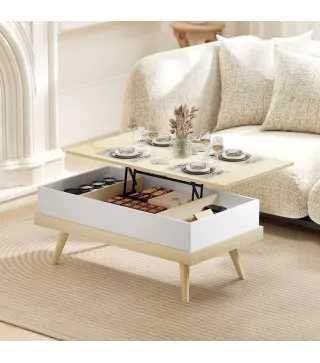 Mesa de Centro Elevable con 3 Compartimientos de Almacenaje Ocultos y Patas de Madera 100x79x54 cm Natural y Blanco