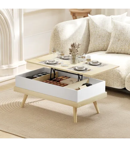 Mesa de Centro Elevable con 3 Compartimientos de Almacenaje Ocultos y Patas de Madera 100x79x54 cm Natural y Blanco
