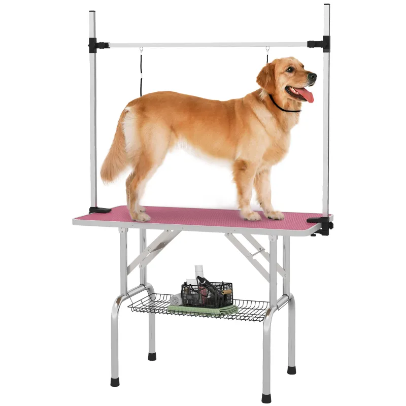Mesa de Peluquería Canina Plegable con Cesta Metálica Barra de Acero Inoxidable Ajustable 107x60x164 cm Rosa