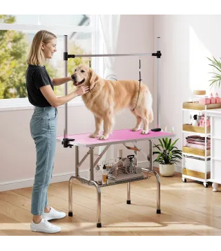 Mesa de Peluquería Canina Plegable con Cesta Metálica Barra de Acero Inoxidable Ajustable 107x60x164 cm Rosa