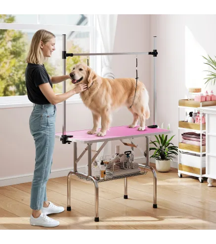 Mesa de Peluquería Canina Plegable con Cesta Metálica Barra de Acero Inoxidable Ajustable 107x60x164 cm Rosa