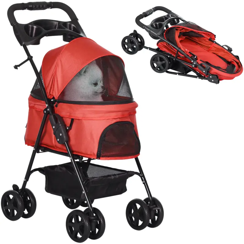 Carrito para Perros Pequeños con Ruedas Universales Cesta de Almacenaje Correas de Seguridad y Ventanas 67x45x96 cm Rojo