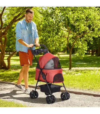 Carrito para Perros Pequeños con Ruedas Universales Cesta de Almacenaje Correas de Seguridad y Ventanas 67x45x96 cm Rojo