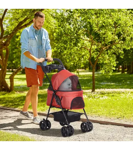 Carrito para Perros Pequeños con Ruedas Universales Cesta de Almacenaje Correas de Seguridad y Ventanas 67x45x96 cm Rojo