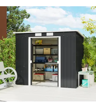 Cobertizo de Jardín Exterior 2,4 m² 213x130x172 cm con Puerta Corredera Techo Inclinado Base sin Suelo y Ventanas Gris
