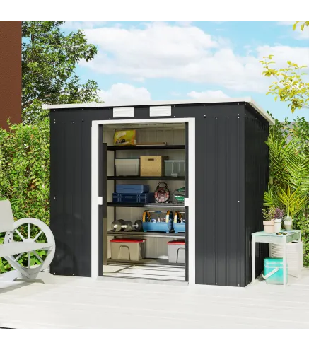 Cobertizo de Jardín Exterior 2,4 m² 213x130x172 cm con Puerta Corredera Techo Inclinado Base sin Suelo y Ventanas Gris