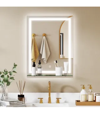 Espejo para Baño 60x80 cm con 3 Colores de Luz Estante de Vidrio Función de Memoria e Interruptor Táctil Plata