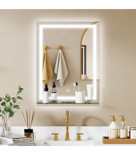 Espejo para Baño 60x80 cm con 3 Colores de Luz Estante de Vidrio Función de Memoria e Interruptor Táctil Plata