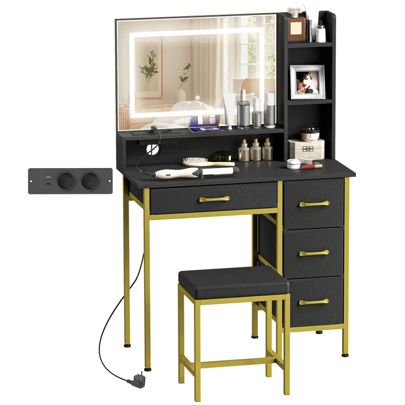 Tocador de Maquillaje con Espejo Luces LED Estación de Carga Taburete Estación de Carga 4 Cajones Negro