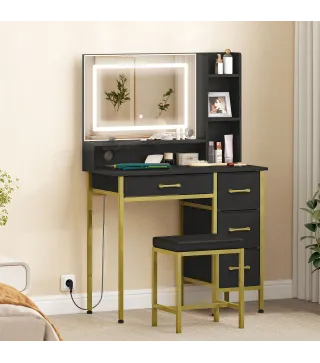 Tocador de Maquillaje con Espejo Luces LED Estación de Carga Taburete Estación de Carga 4 Cajones Negro