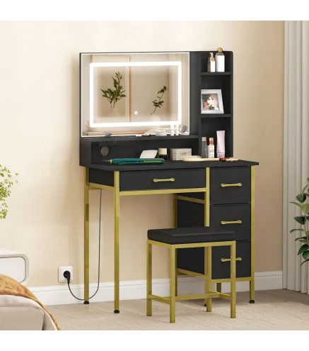 Tocador de Maquillaje con Espejo Luces LED Estación de Carga Taburete Estación de Carga 4 Cajones Negro