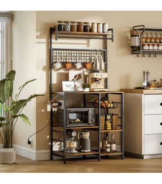 Estantería de Cocina con Tres Enchufes y Luces LED Industrial con Estantes para Microondas 80x42x162 cm Marrón Rústico